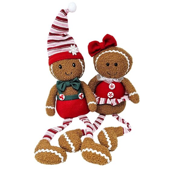 Plush Peppermint Gingerbread Girl and Boy with Red and Pink Stocking Legs Christ - Picture 1 of 7